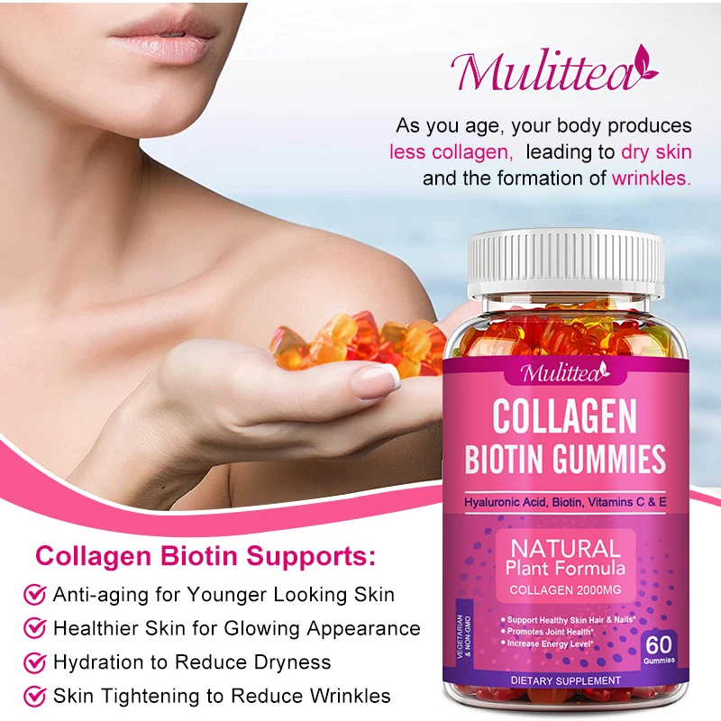 Mulittea Biotin Collagen Gummies Fixed Hair Skin Care Nail Health Increase Collagen Protein Vitamins C E Dietary Supplement