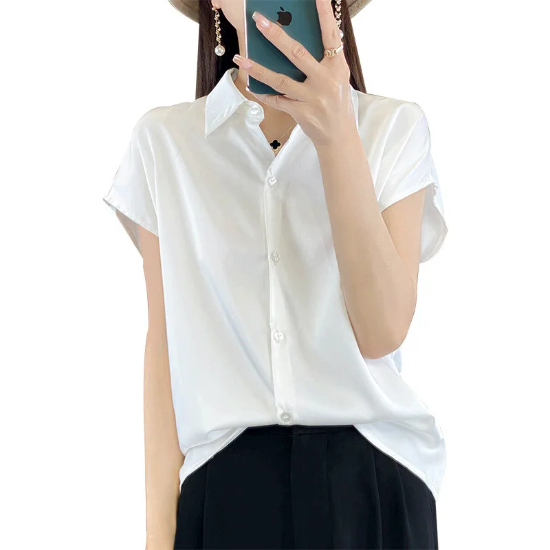 Summer Women's Luxury Blouse Satin Silk Tee Short Sleeve Shirts Acetate Button Up T-shirts Thin Office Lady Tops Women Clothing