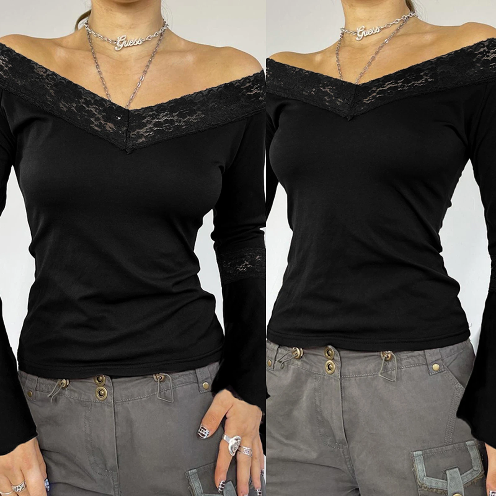 

Женские осенние винтажные готические кружевные укороченные топы с длинными рукавами y2k Эстетические сексуальные топы с открытыми плечами на выход Повседневные облегающие футболки