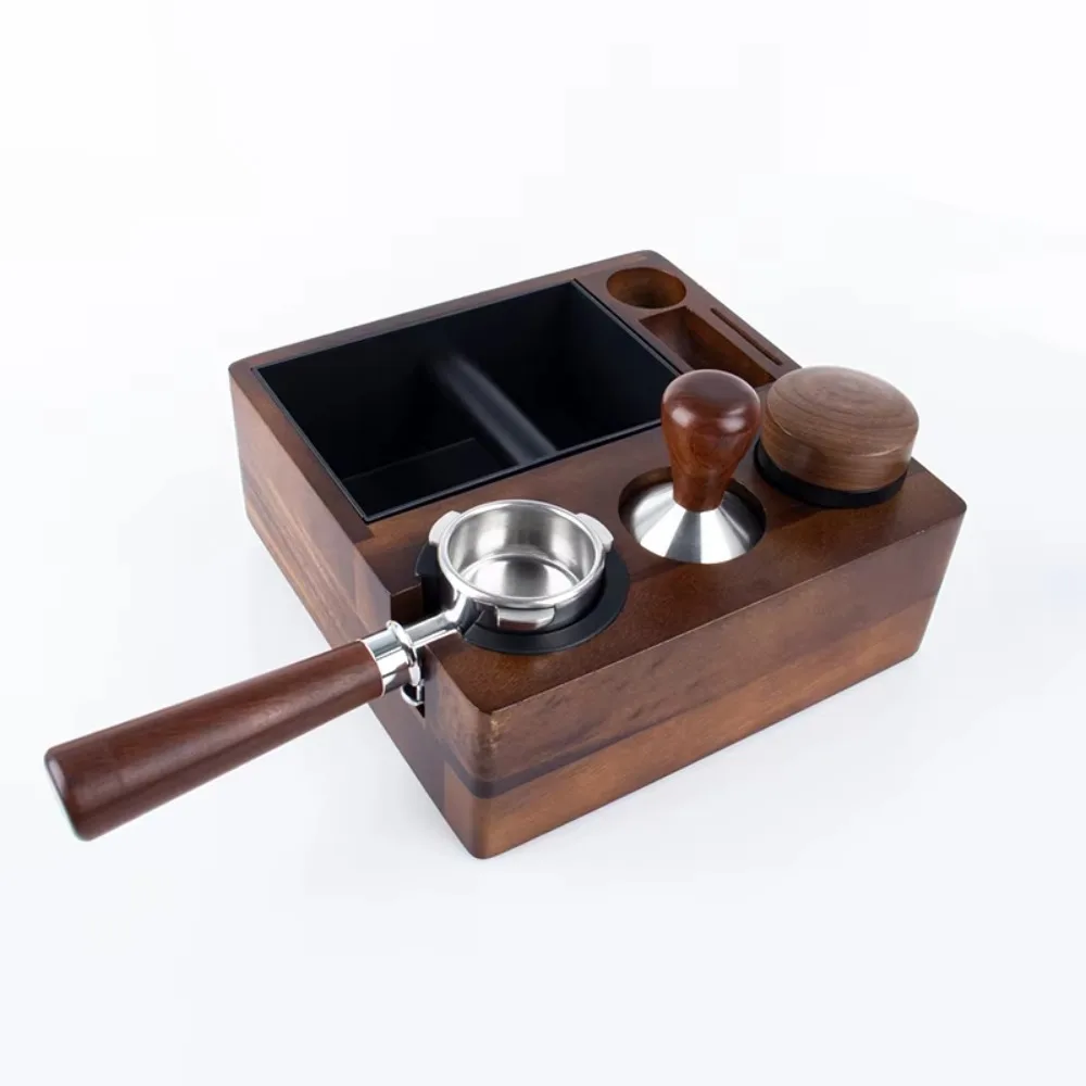 Black walnut espresso holder coffee tamper dispenser straightener station stainless steel coffee grounds knock box