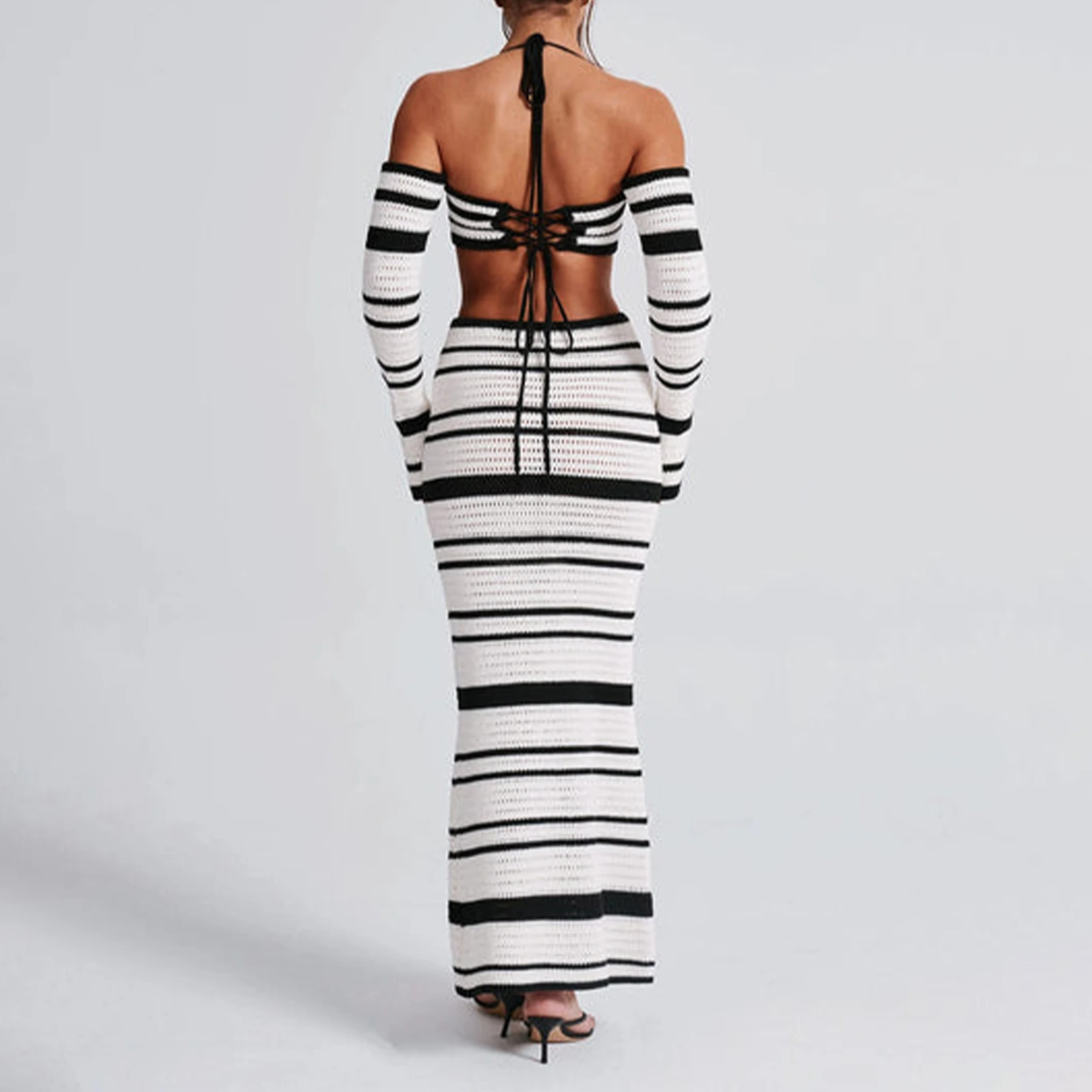 Hirigin Knit Stripe Women 2-częściowy zestaw Halter Slash Neck Lace Up Long Sleeve Tops and Maxi Skirts Sexy Mujer Club Midnight Suit