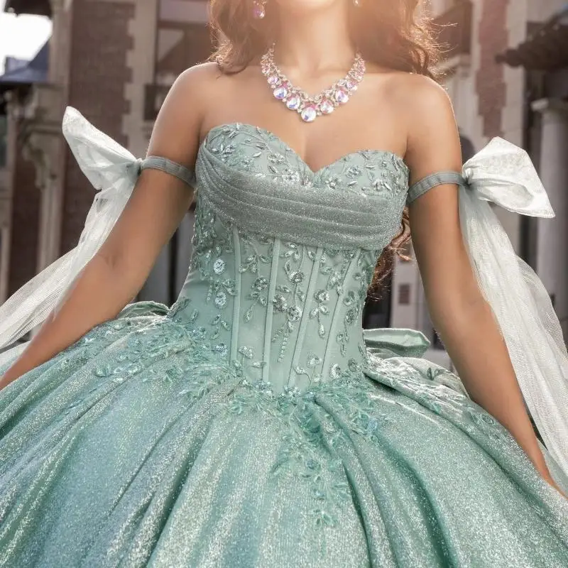 Luxury Mint Green Shiny Quinceanera Dresses Sweetheart Sequin Applique Lace Beads Tull Ball Gown Vestidos De 15 Años XV Brithday