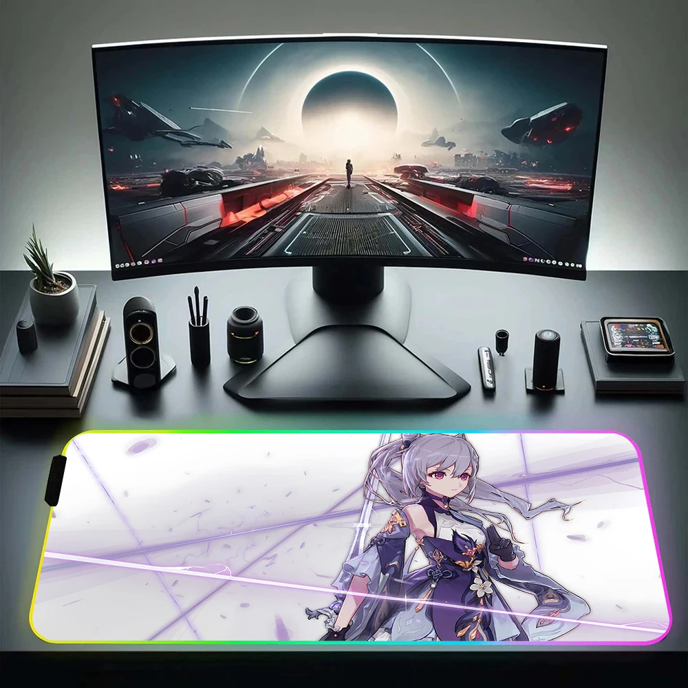 Large Genshin Impact RGB Pc Gamer Keyboard Mouse Pad Mousepad LED Glowing Mouse Mats Rubber Gaming Computer Mausepad