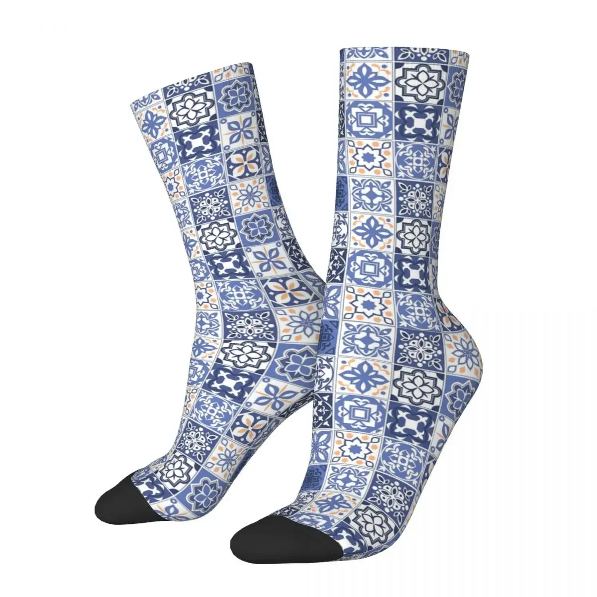 Calcetines de azulejo portugués azules, medias súper suaves Harajuku, calcetines largos para todas las estaciones, accesorios para regalo de cumpleaños para hombre y mujer