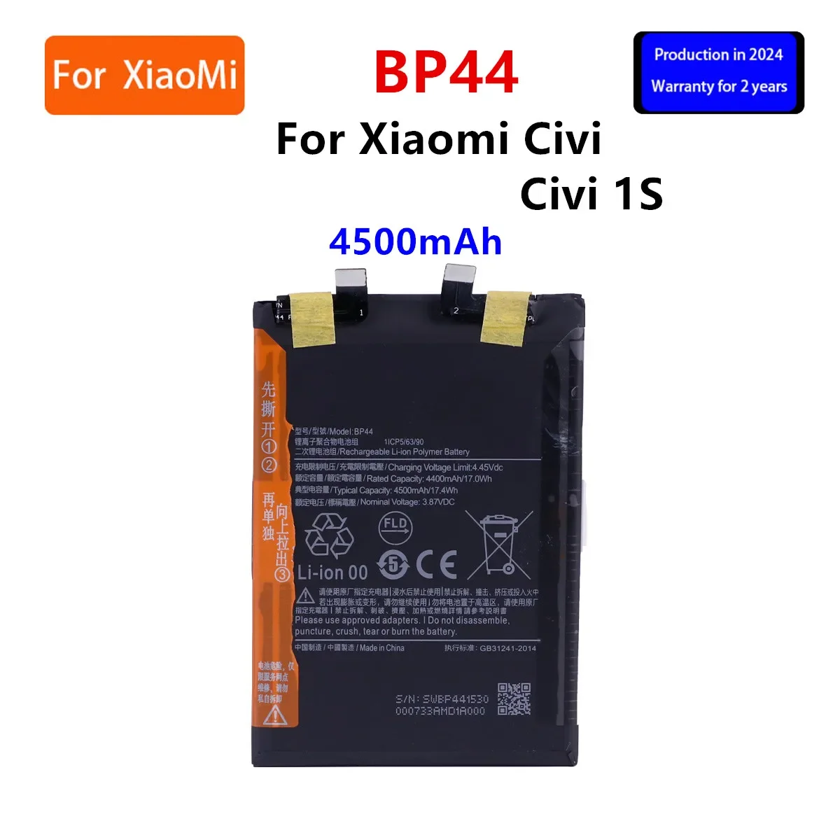 

New years 100% Orginal BP44 4500mAh Replacement Battery For Xiaomi Mi Civi / Civi 1S Mobile Phone Batteries