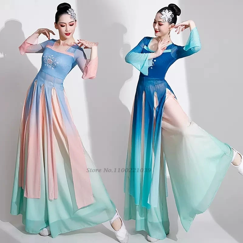 2025 زي الرقص الشعبي الصيني العتيق متدرج اللون شبكة hanfu بلايز + فستان أطفال مع سروال داخلي فستان أداء مرحلة التدريب التقليدي