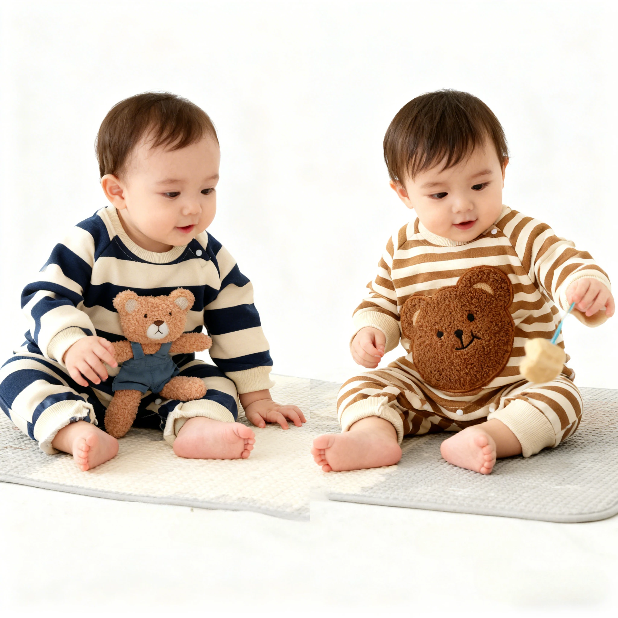 

Boys' Striped Long Sleeve Romper for All Seasons Newborn Cute Embroidered Bear Label Crew Neck Onesie Girls' Outing Wear Trend