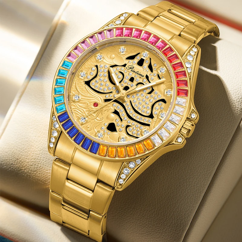 

PINTIME Новые мужские кварцевые часы Модный тренд Деловой стиль Радужный дизайн с бриллиантовым ободом Мужские водонепроницаемые кварцевые часы