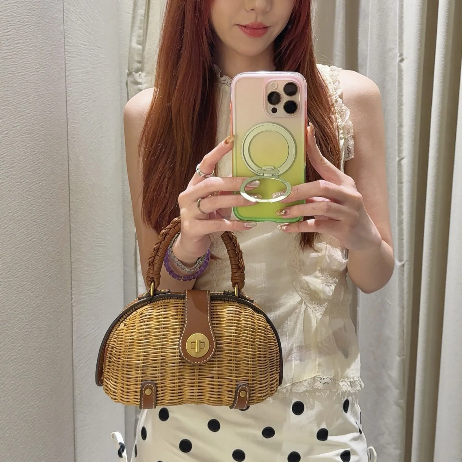 Rattan Women's Handbag Fashion Style Summer Autumn Spring Straw Bag with ZIP Closure Single Handle Natural Color
