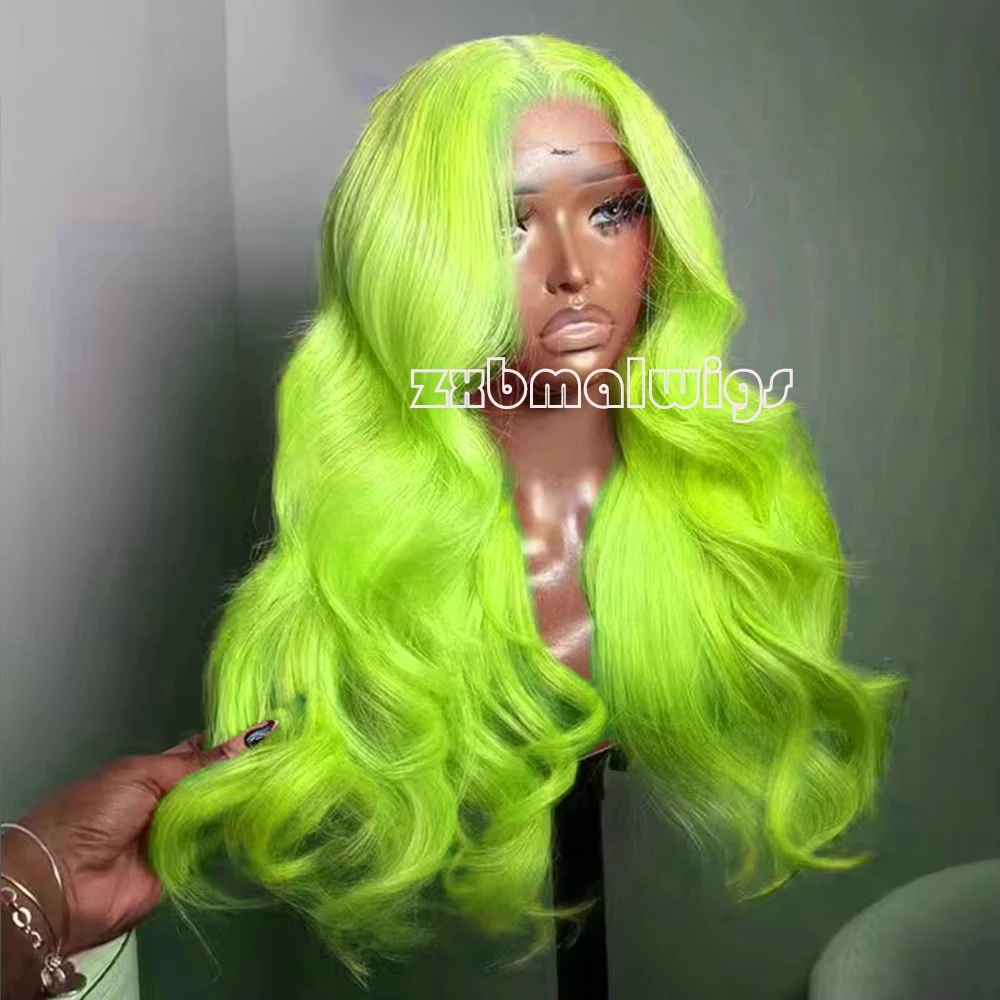 Neon Green Yellow Synthetic Hair Body Wave 13X4 Lace Front Wigs  Wavy for Women Pre Plucked  Lace Wig Cosplay Party Heat Fibe