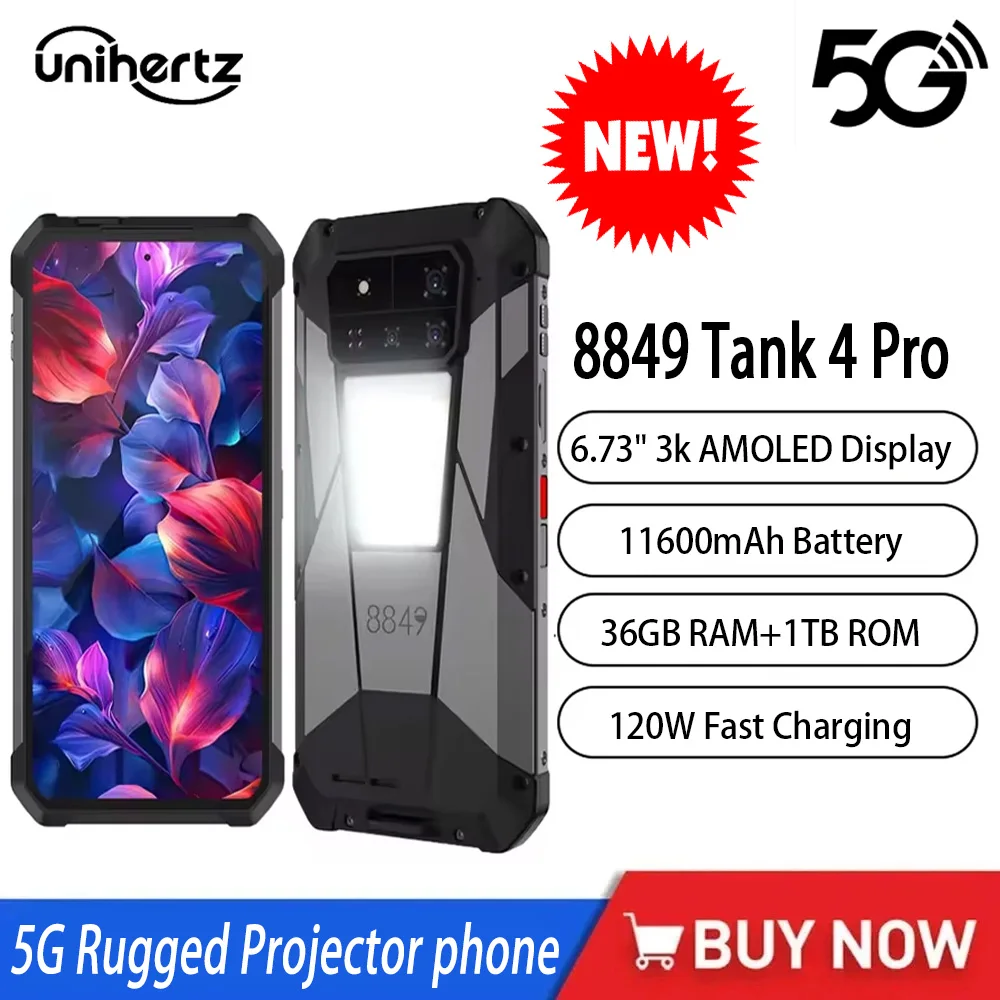 Unihertz 8849 Tank 4 Pro 5G Rugged Projector Smartphone Android 6.73“ Dimensity 8300 CPU 3k AMOLED Display 36GB+1TB Mobile NFC