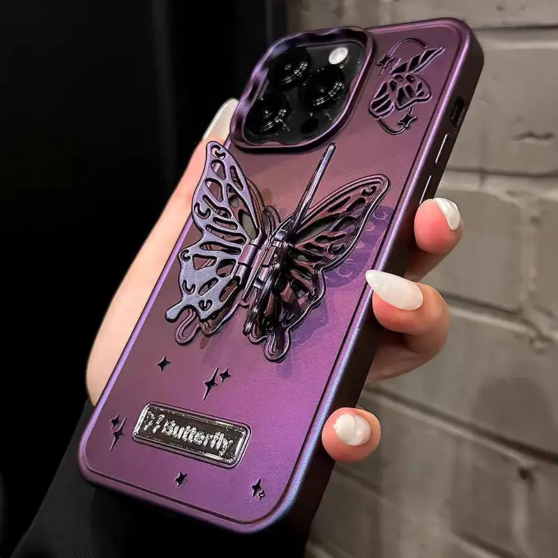 Fashion Personality Cute 3D Stereoscopic Butterfly Bracket Phone Case for IPhone 12 13 14 15 Pro Max Soft Silicone Stand Cover