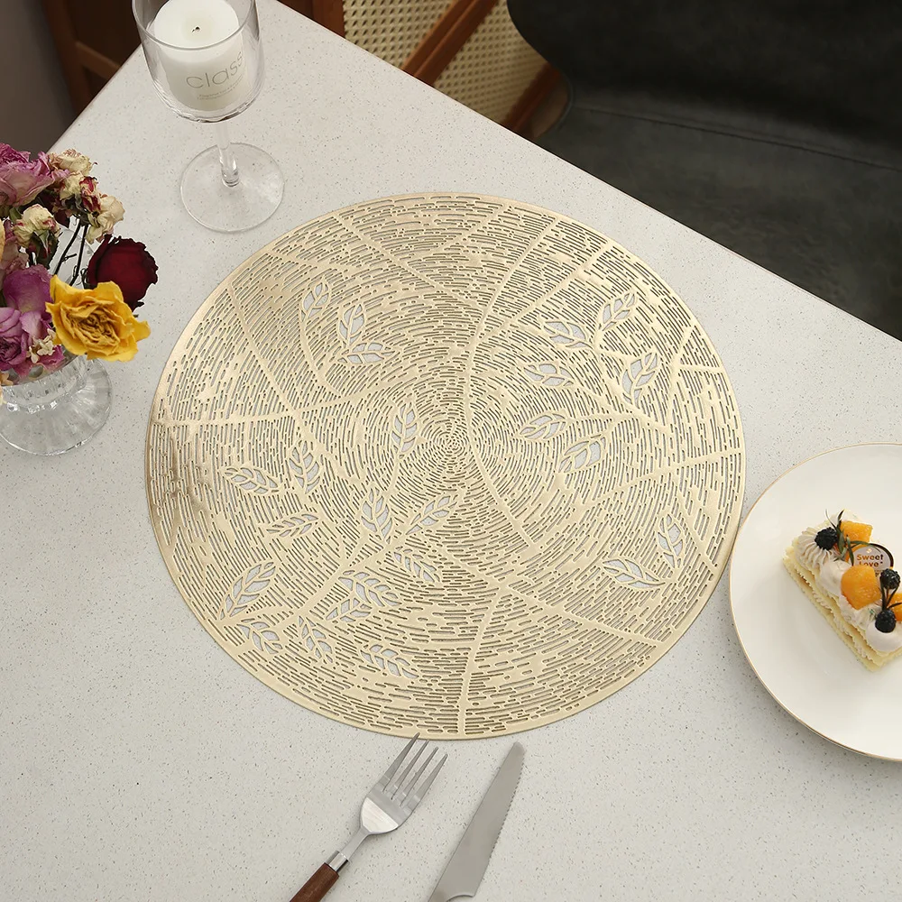 6/4pcs Round Messy Silk Fine Leaf Pattern Placemat PVC Hollow Hot Stamping Home Dining Table Decor Mat Hotel Restaurant Coaster