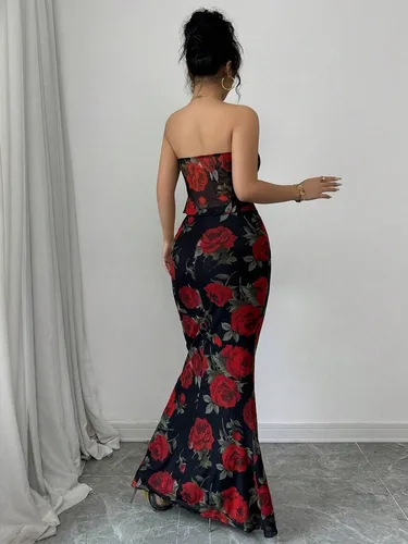 Imagen 2 del producto Conjunto con estampado de rosas para mujer, top halter sexy, falda de cola larga, conjunto ajustado, moderno y elegante