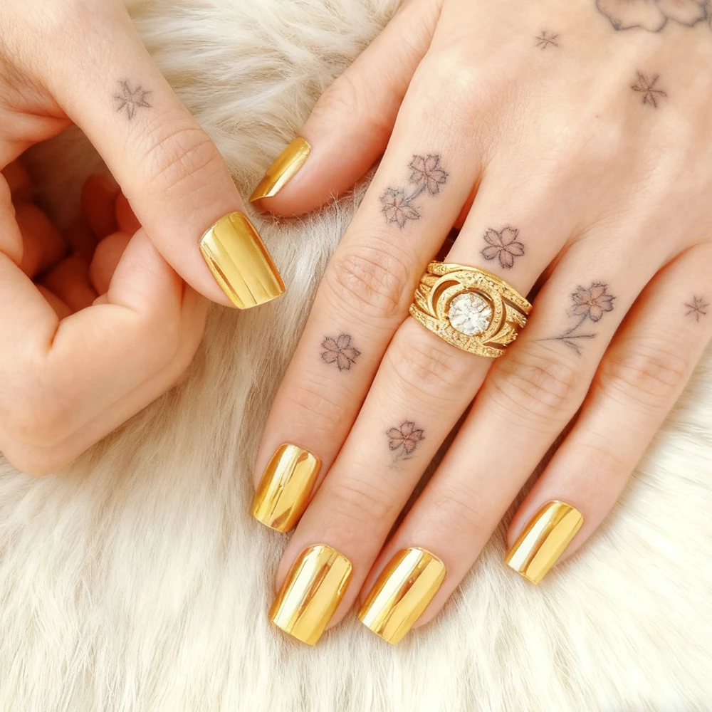 

48Pcs Wholesale Acrylic False Nails Press Ons With Glue For Woman Mirror Gold Fake Nails Tip DIY Finger Manicure Accessory