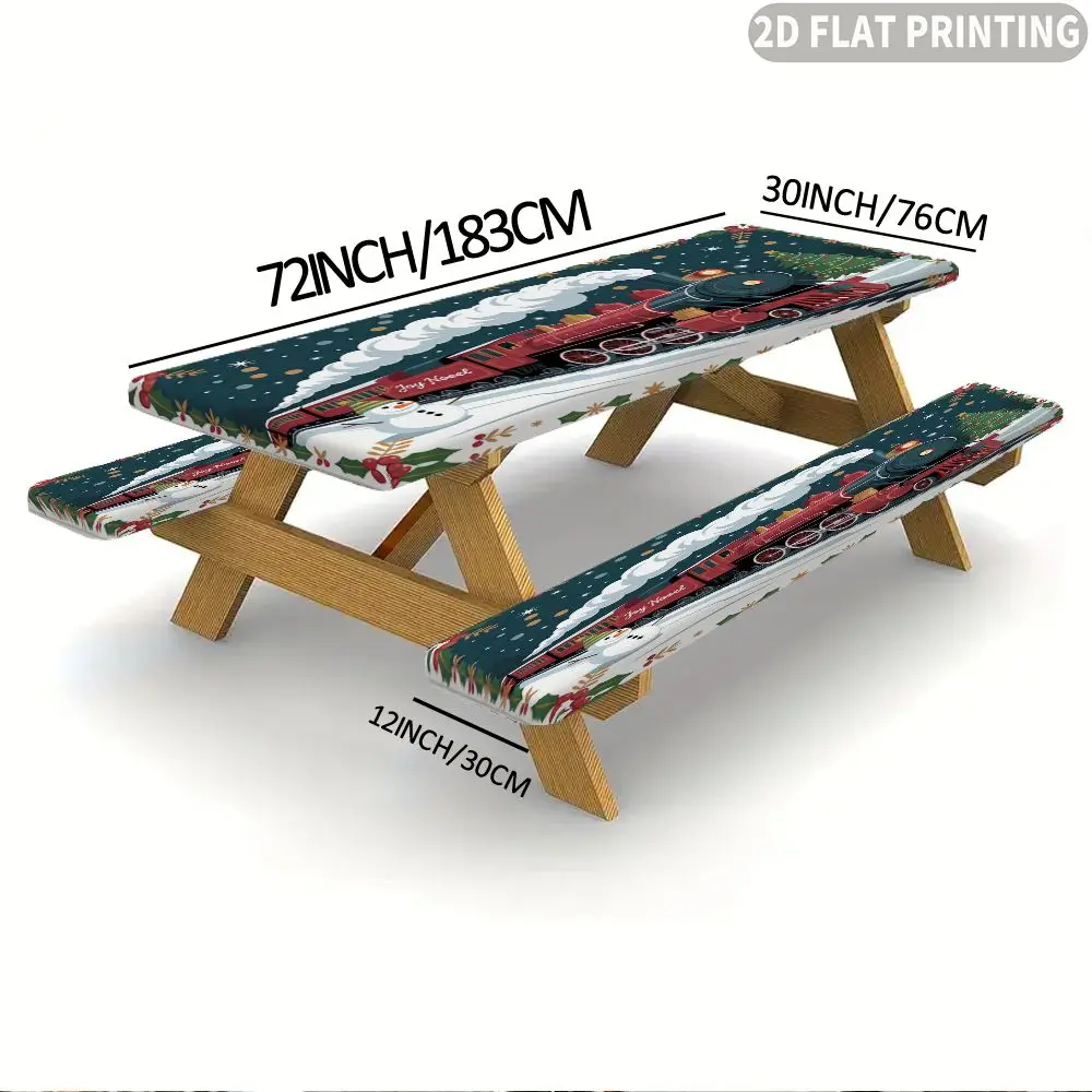 3pcs 2D FLAT Printing 1 Tablecover +2 Bench Covers, Festive Red Train On Dark Green Snowy, Elastic Band Edge Dining Tablecloth,