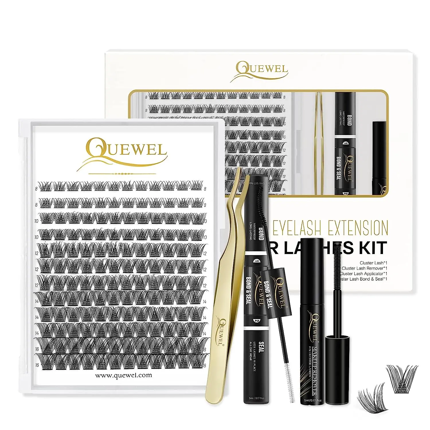 

Quewel DIY Cluster Lashes Kit 144pcs Lash Clusters with Bond and Seal Eyelash Extension Glue Golden Lashes Tweezer Glue Remover