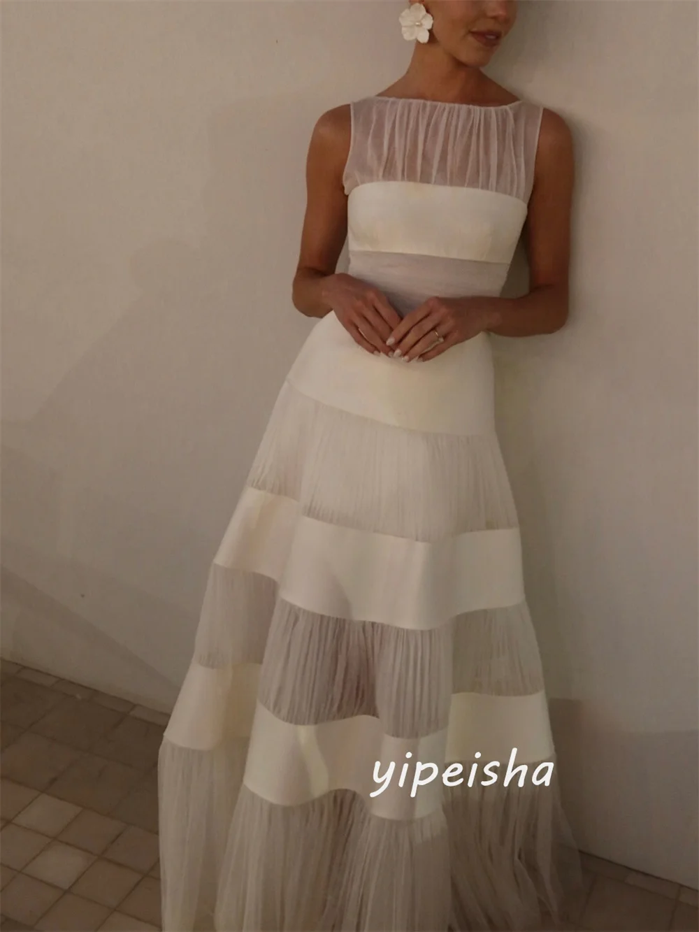 Customized Fashion Casual Tulle Pleat Ruched A-line Scoop Neck Long Dresses Evening Dresses Exquisite for Woman