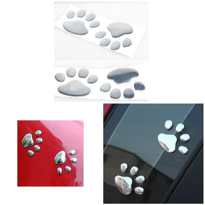 Car Sticker Silver 3D Chrome Finished Bear Paw Footprints Badge Emblem Decal