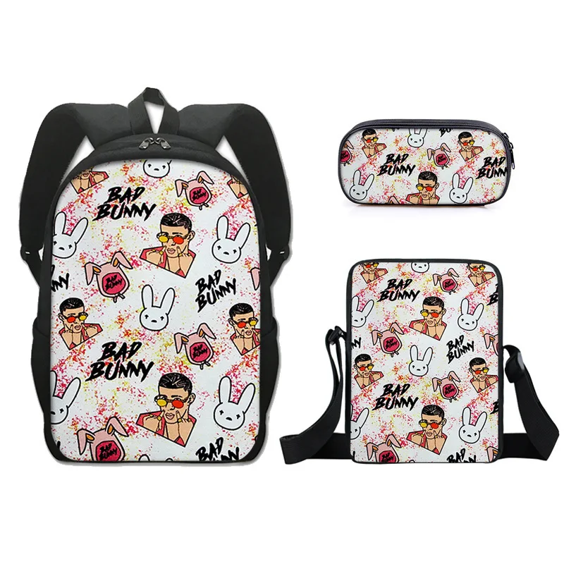 Bad Bunny Backpack Crossbody Bag Pen Case 3pcs/set Primary and Middle School Students Boys Girls Shoolbag Travel Backpack