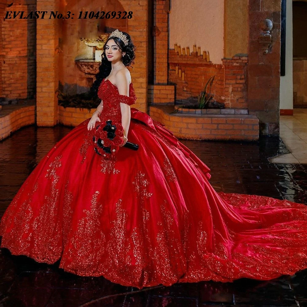 EVLAST Изысканное красное платье Quinceanera по индивидуальному заказу, кружевное платье с блестками и аппликацией, корсет с бисером Sweet 16, Vestidos 15 De XV Años E3Q906