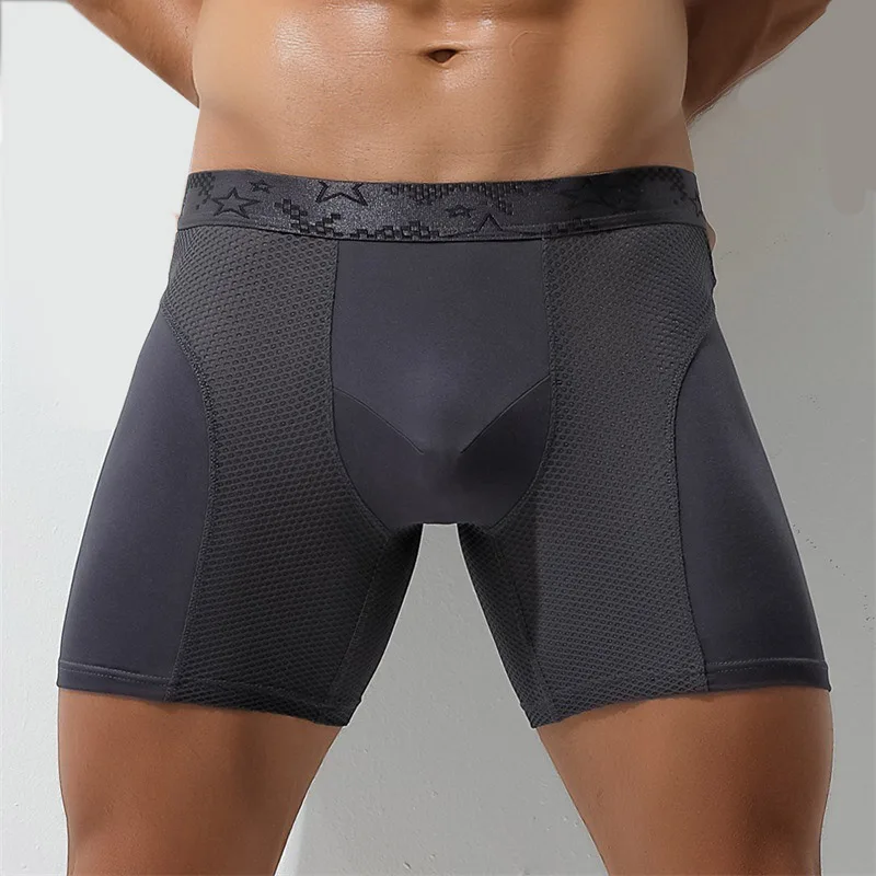 Celana dalam pria seksi U cembung Mesh Breathable celana dalam Boxer panjang pria kaki tahan aus diperpanjang celana pendek pria ukuran besar 6XL