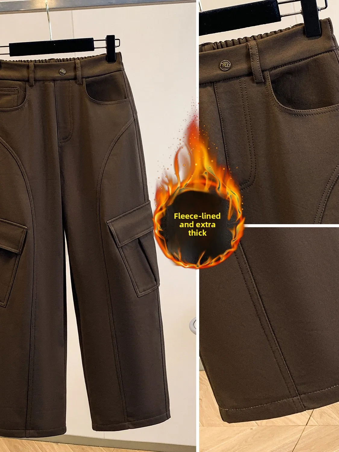 Pantalon de travail décontracté doublé Thiened Fce pour femme, ample, jambe droite, jambes larges, grande taille, européen, nouvel arrivage d'hiver