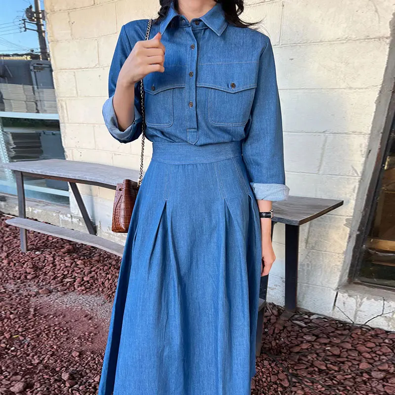 

Retro Chic Embroidered Design Denim irt High Waist Skirt Set Women's Faionable Outfit Classic Collar Visibili Stitching