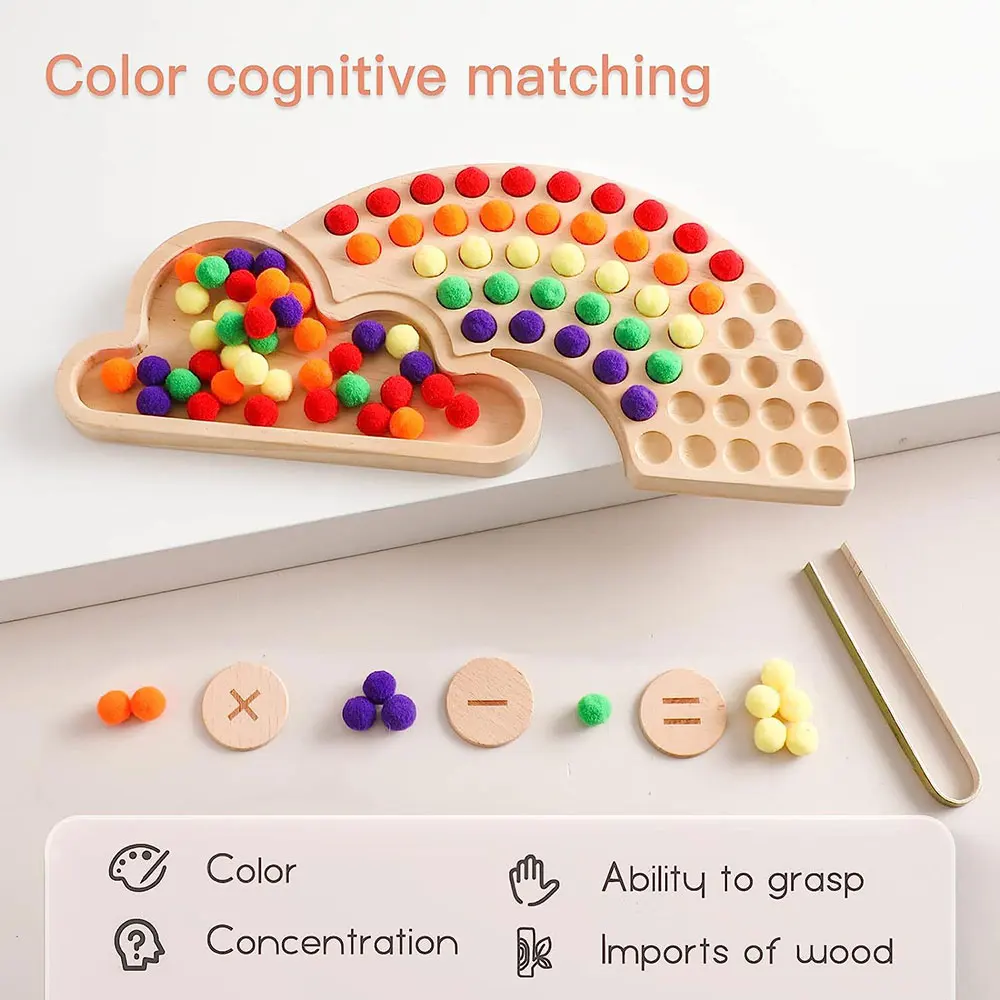 Counting Plush Pom Pom Balls Rainbow Color Sorting Toys Tweezers Fine Motor Skill Toys Baby Kids Early Montessori Education Toy