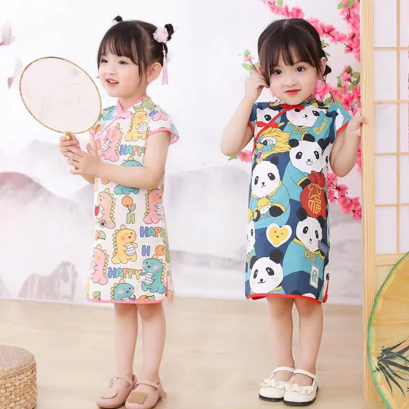 Hot Summer 2 3 4 6 7 8 9 10 Years Chinese Ethnic Vintage Style Crew Neck Floral Cotton Cheongsam Dress for Kids Baby Girls 2022