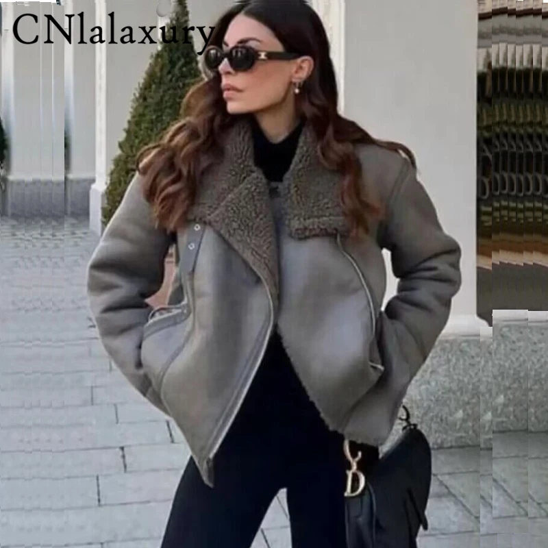 CNlalaxury Winter Woman High QualityThick Fleece Faux Leather Jacket Coat Casual Pocket Zip Warm Motorcycle Outwear Ladies