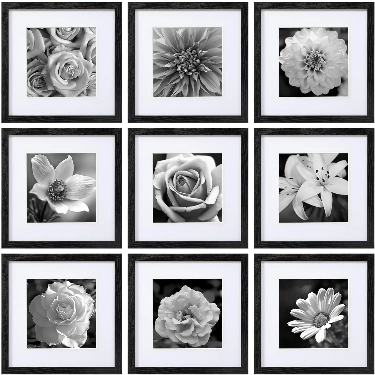 

eletecpro 12x12 Picture Frames Set of 9 Classic Gallery Wall Frame Set Displays 8x8 Photo with Mat or 12x12 without Mat, Square