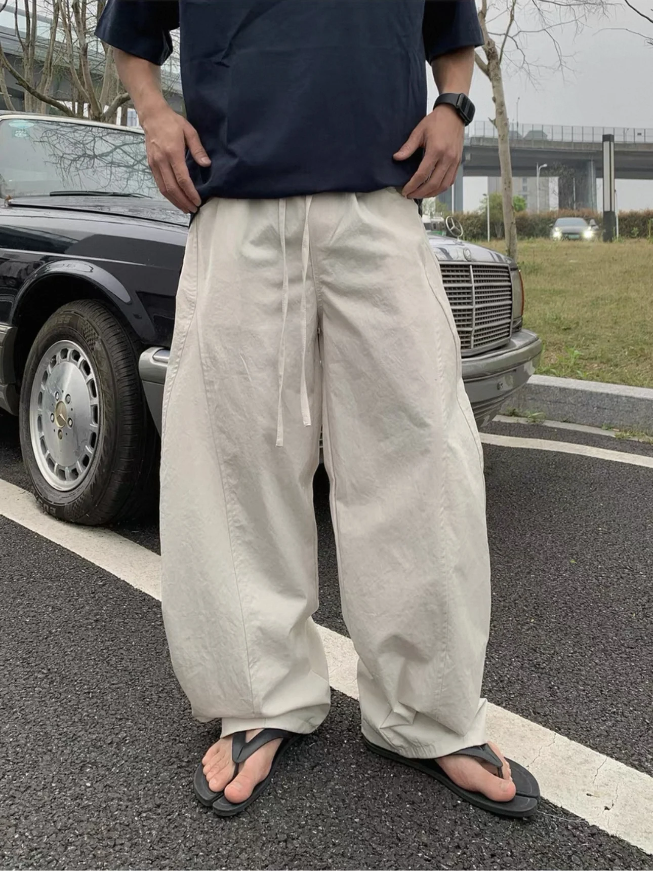 

Retro American Dry Fast Casual Pants Men's Summer Thin Loose Dstring Long Trousers Bend Knife Wide Design Versatile Loose Fit