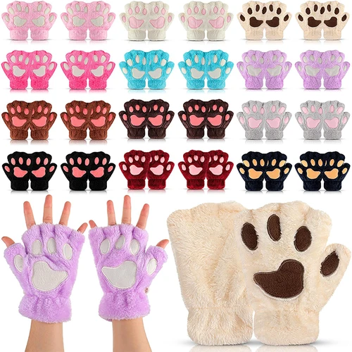 귀여운 만화 고양이 발톱 장갑, 여성용 플러시 벙어리 장갑, 두껍고 부드러운 짧은 손가락없는 푹신한 곰 장갑, 반 손가락 코스튬 