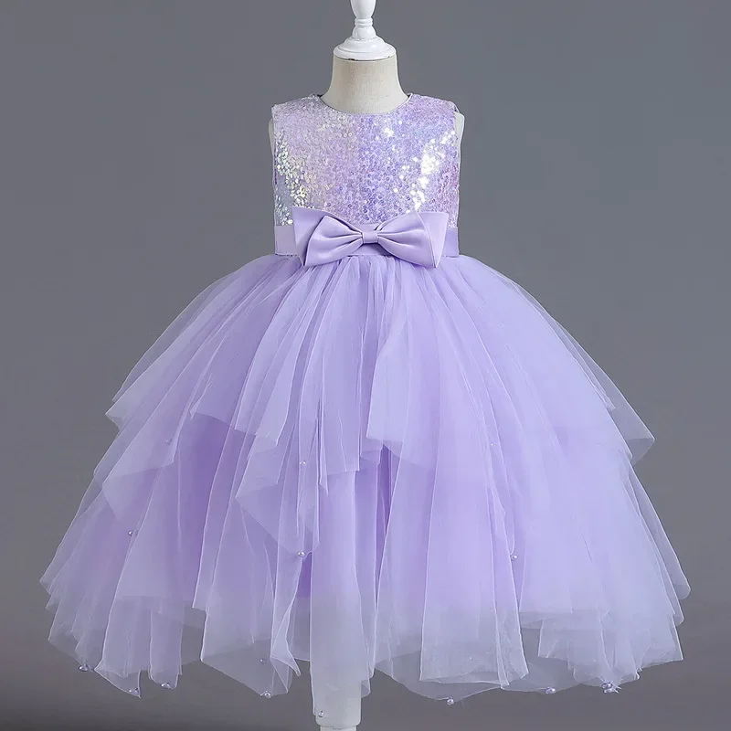 3 5 to 10 Years Flower Girl Elegant Luxury Sequin Hallowe Dresses Kids Bridesmaid Wedding Party Prom Lilac Gala Birthday Clothes