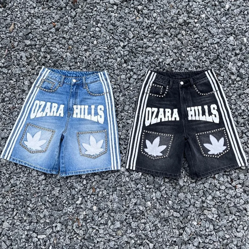 Y2k studded striped denim shorts Men new summer monogram embroidered casual pants Harajuku Fashion punk rock Goth shorts