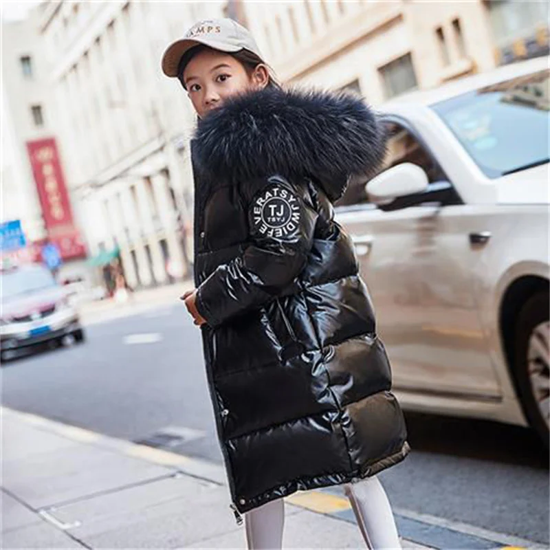 Winter Long Coats Boys Girls Shiny Outerwear Teenager Windproof Thicken Jackets Kids Fur Collar Overcoat Children Casual Clothes