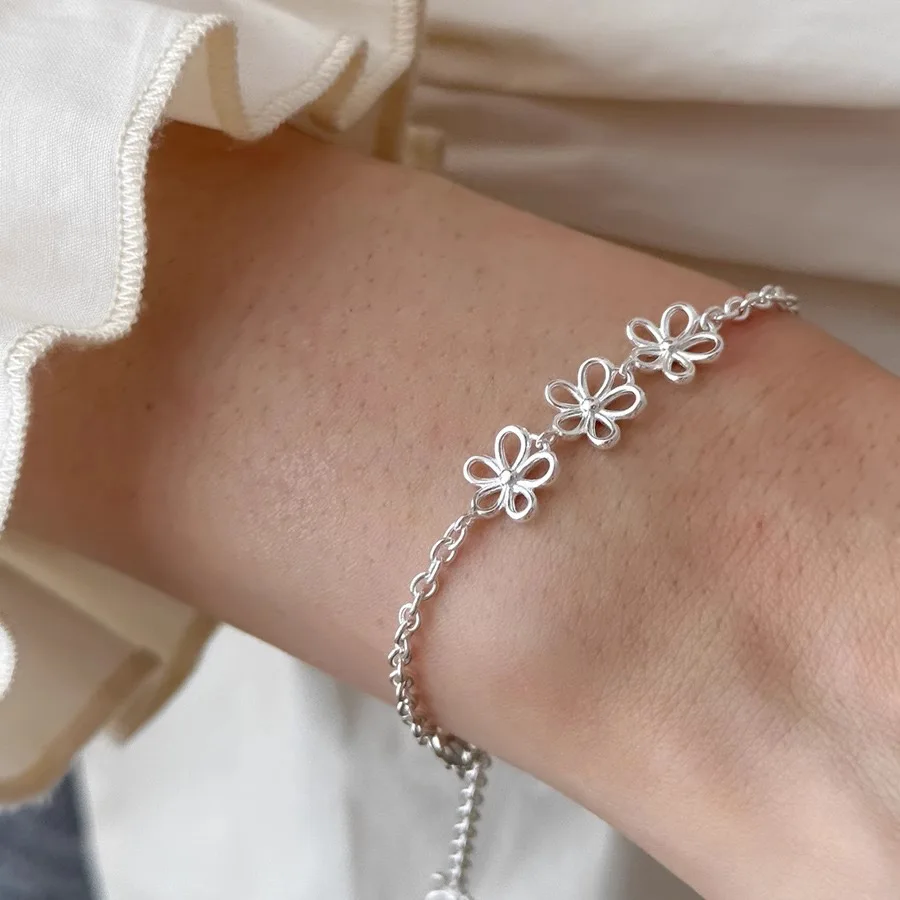 

100% Solid 925 Sterling Silver Retro Bracelet for Women Men Vintage Handmade Flower Narrow Patern Bracelet Birthday Gift