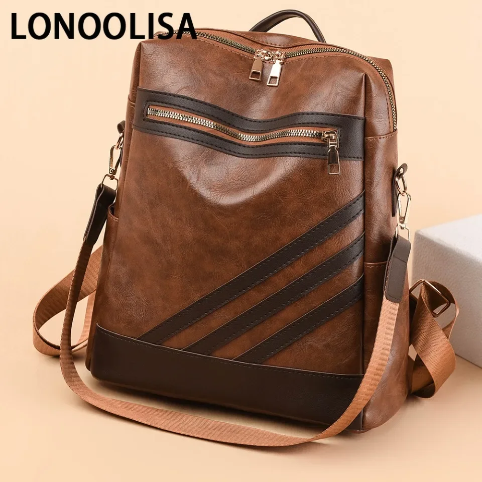 

LONOOLISA Women's Multi-functional Backpacks High Quality PU Leather Rucksacks Student School Bags Commuter Casual Shoulder Bag