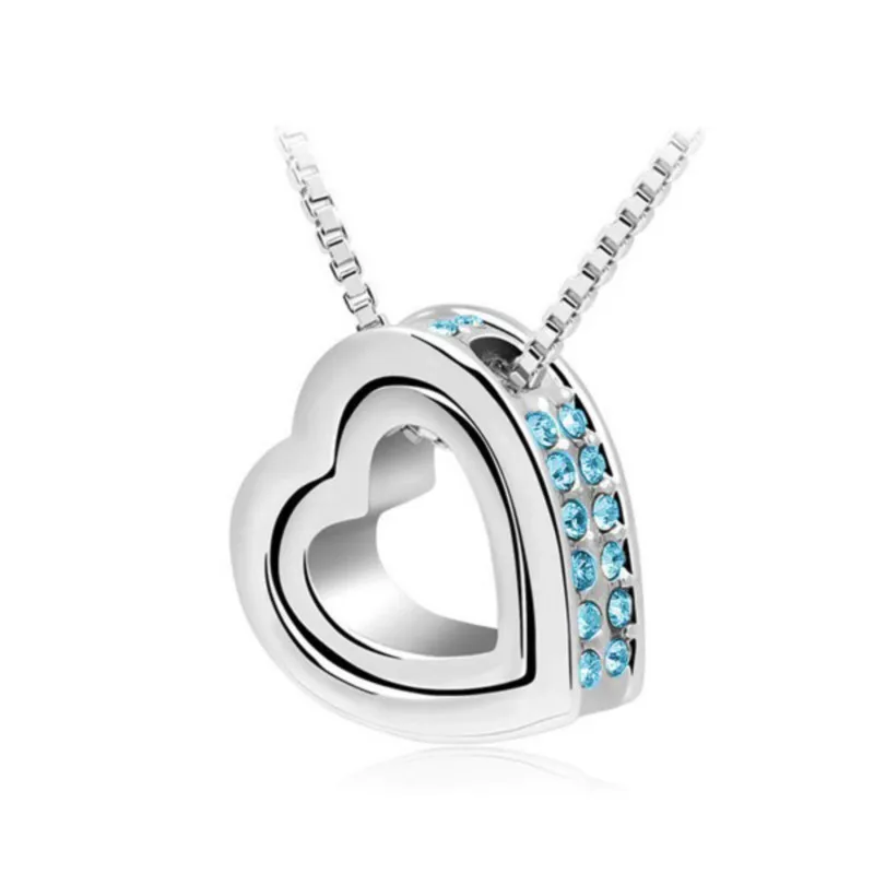 Float double Heart Pendant sweater chain Necklace quality crystal shine rhinestone charm birthday gift girls wed fashion jewelry