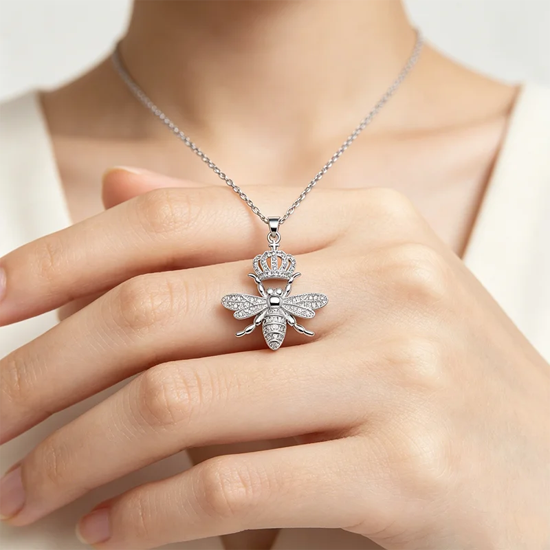 Dainty Sparkling Animal Jewelry Silver Crown Bee Pendant Necklace Gift for Her Birthday Christmas Mothers Day Gift for Women