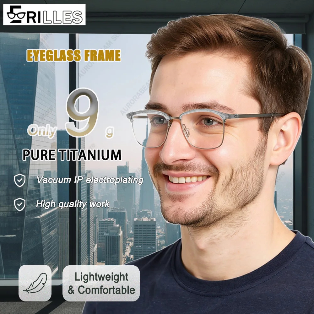 

Men's 9g Ultra-Light Eyeglasses, Titanium Frame/TR90 Temples Dual-Density, Pressure-Free Fit for 14H Negotiations, Premium