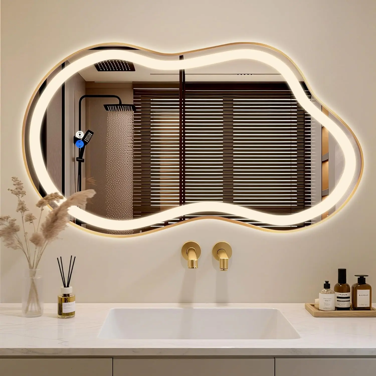 Bathroom Use, Tempered Glass, Gold Irregular LED Backlit Mirror with Anti - Fog, Dimmable, Hangable 2 Ways