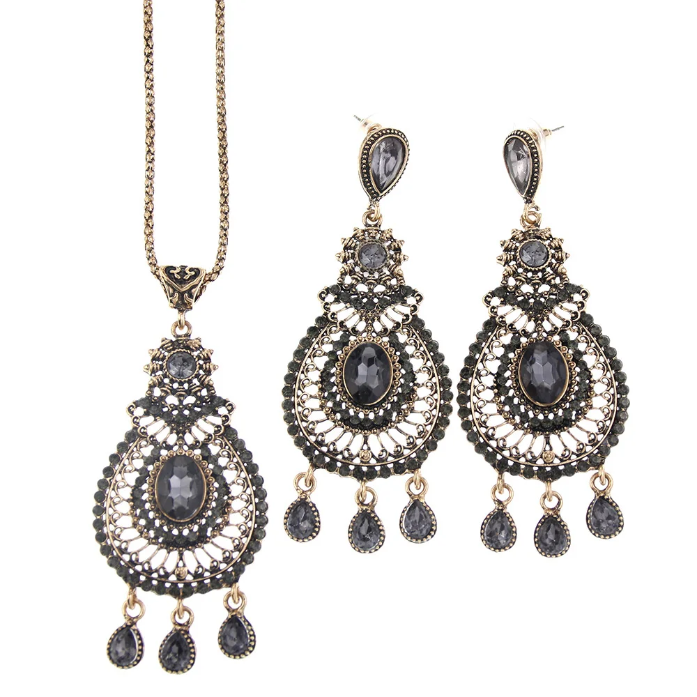 Sunspicems Vintage Turkish Jewelry Sets Big Earring Necklace For Women Retro Gold Color Bohemia Ear Pendants Chocker Sets Gift