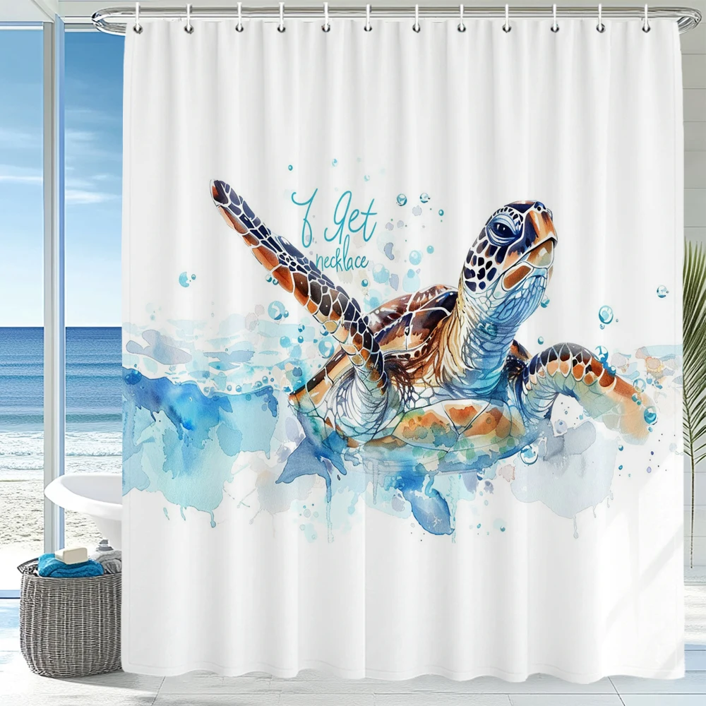 Blue Sea Turtle Printing Shower Curtain, Bathroom Decorative Shower Curtain, Waterproof Shower Curtain with Hooks