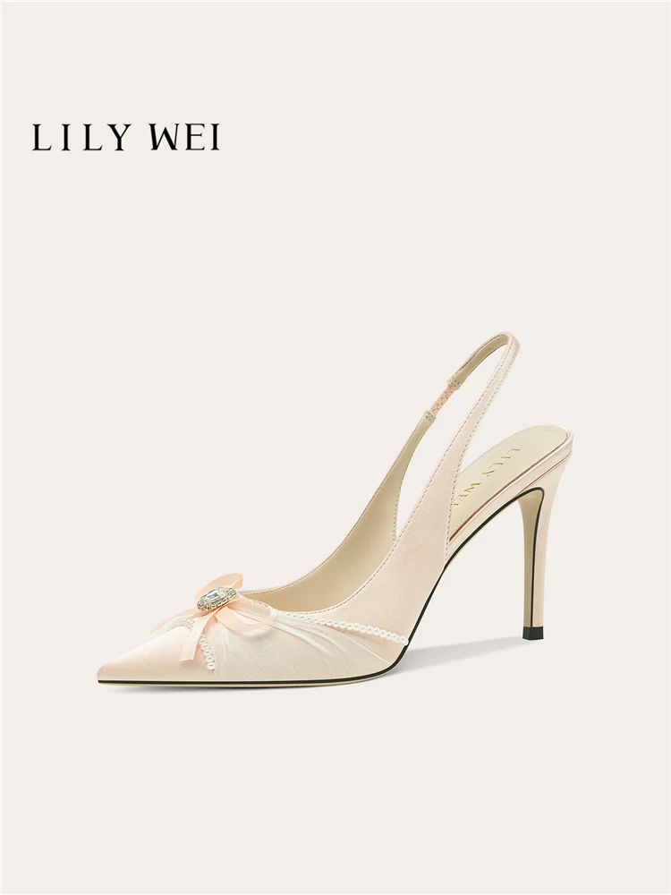 Spring and summer new pointed mesh silk bow crystal bead sandals banquet large size small size widened high heels women's shoes