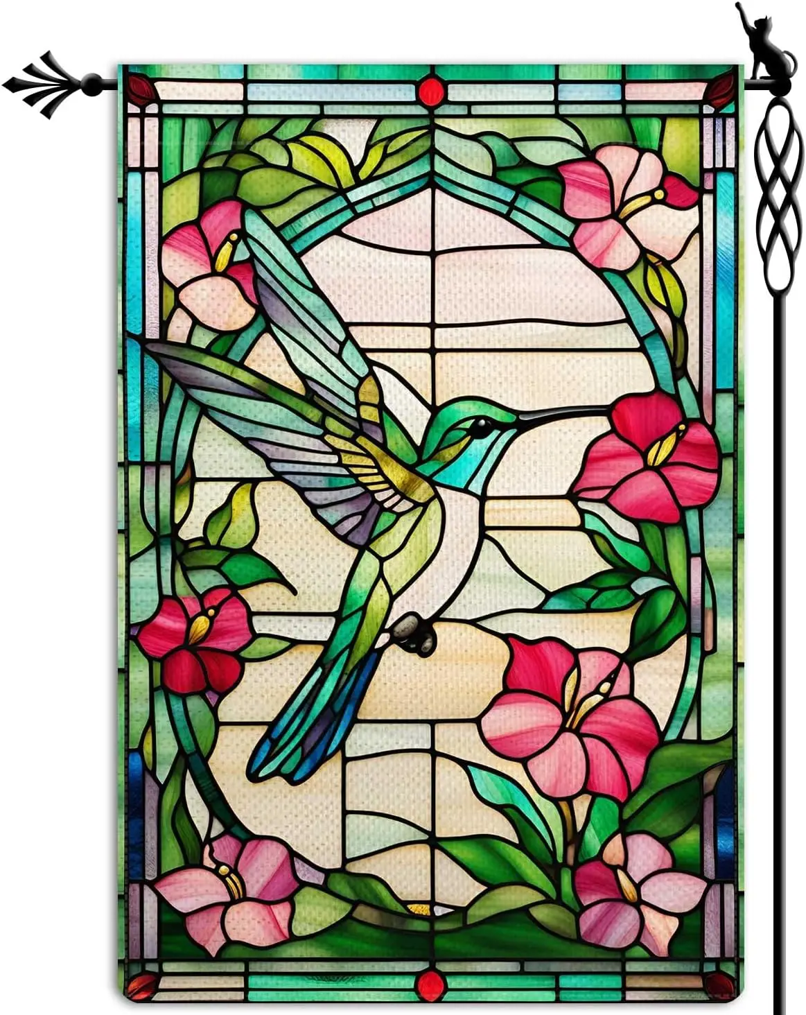 Spring Summer Hummingbird Garden Flag Stained Glass Style Garden Flag Vertical Double Sided Rustic Farmland Burlap Yard Lawn SSL