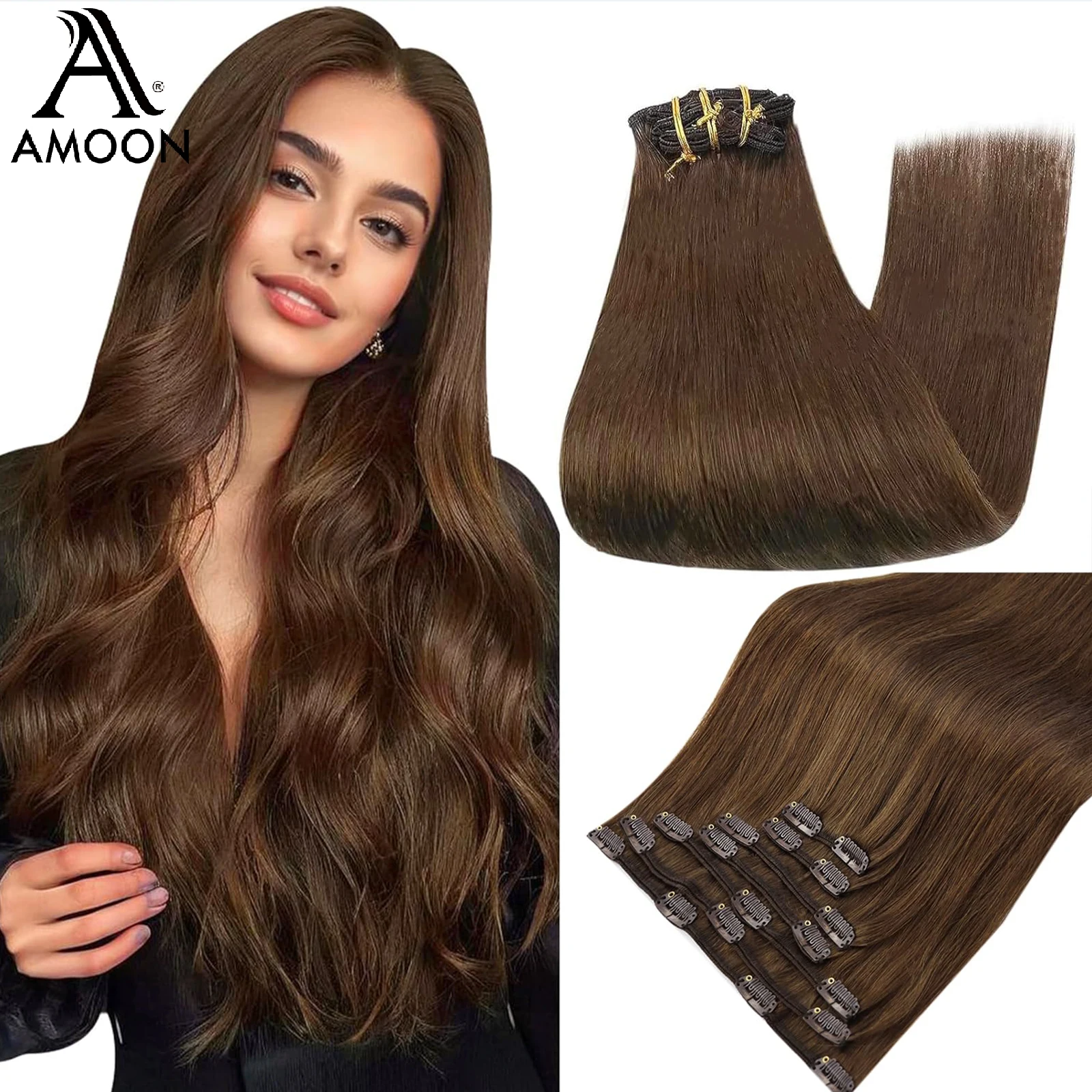 Amoon 8 Pcs/set Clip in Hair Extensions Chestnut 5 Colors Straight Brazilian Clip in Human Hair Extensions  for Women