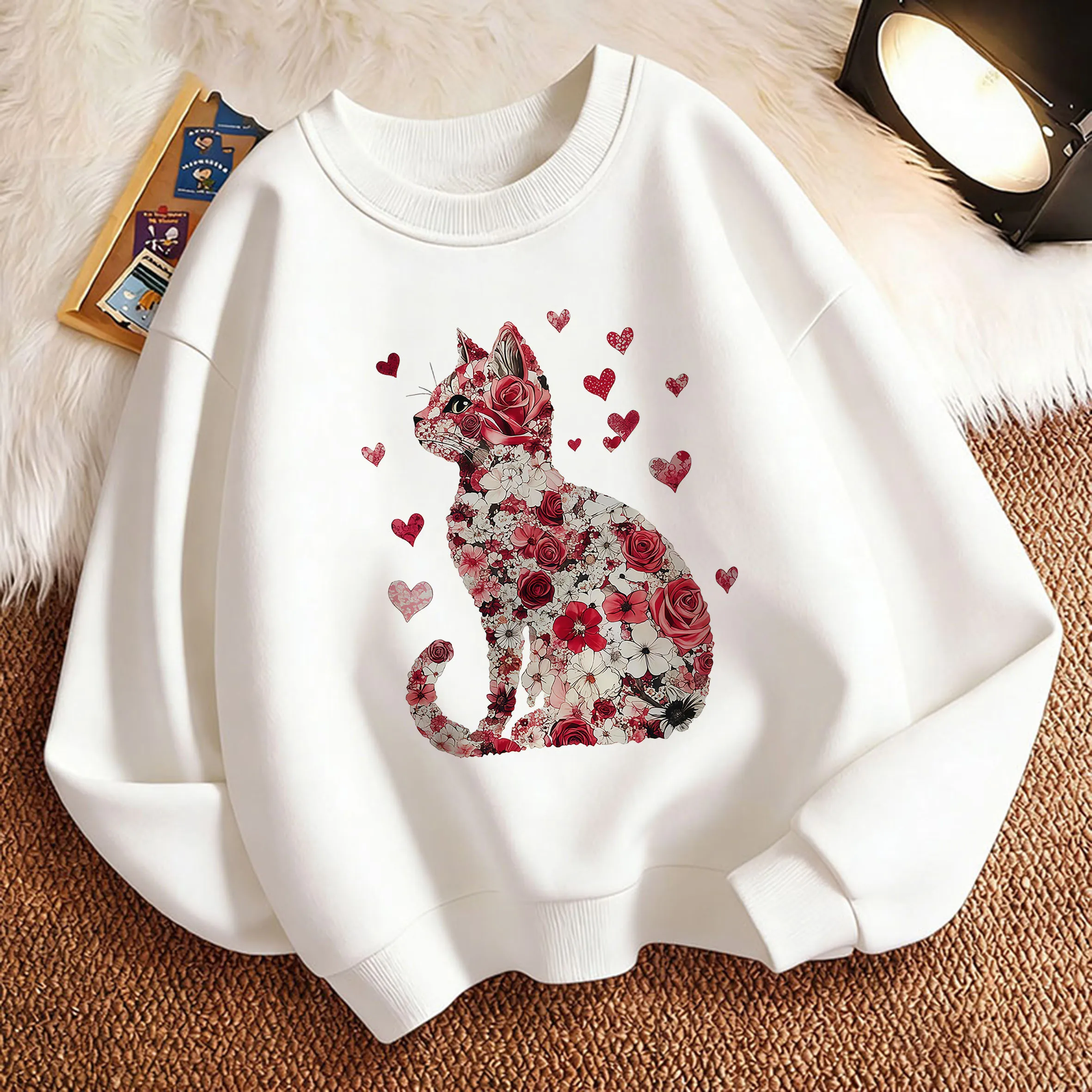 

Забавная детская толстовка-пуловер с принтом кошки и цветов, весенняя, с круглым вырезом, с графическим принтом, для мальчиков и девочек