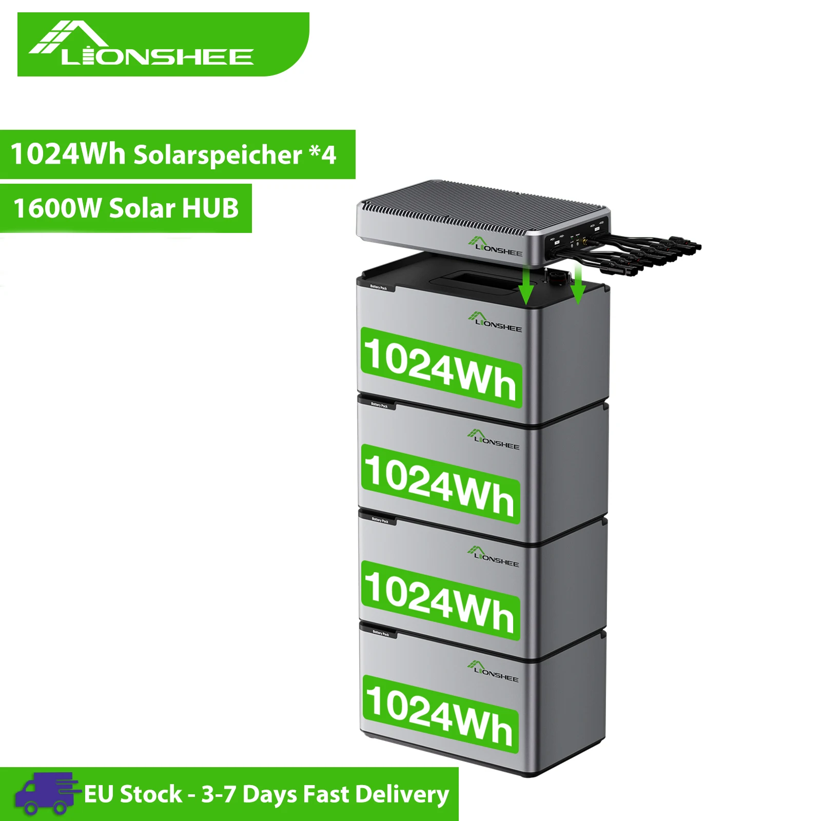 4096Wh Solar-Speicherset |   1024Wh x4 LiFePO4-Batterie mit 1600W Solar-Hub Plug & Play für Balkonkraftwerk-Energiespeicherung